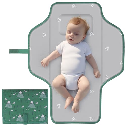 Coinarin Portable Diaper Changing Pad, Waterproof Baby Changing Mat, Foldable Travel Baby Changing Station, Newborn Essential Baby Shower Registry Gift (Green-Rabbit)