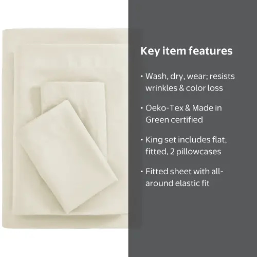 Mainstays Basic Value Microfiber Bed Sheet Set, Fresh Ivory, King, 4 Piece