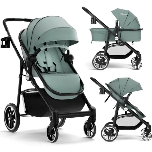 INFANS 2 in 1 Baby Stroller, High Landscape Infant Stroller & Reversible Bassinet Pram, Foldable Pushchair with Adjustable Canopy, Cup Holder, Storage Basket, Suspension Wheels (Green)