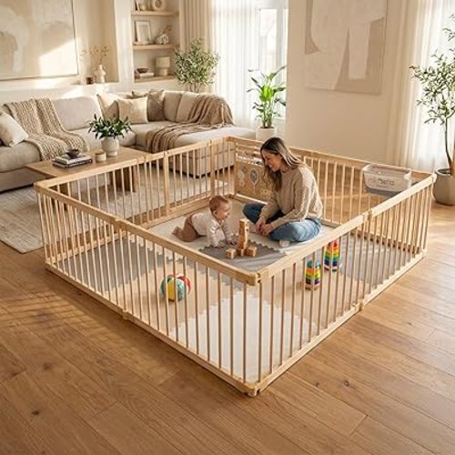 MioTetto Wooden Playpen – Wooden Baby Playpen with Montessori Toys for Stimulation and Sensory Development – Wood Baby Gate for Playing, Crawling, Large Play Yard for Kids
