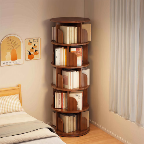 17 Stories 5 Tier Rotating Bookshelf, 360° Display Round Spinning Bookshelf, Space-Saving, Small Space Rotating Bookshelf Tower For Bedroom, Living Room, Home, Office, Walnut | Wayfair