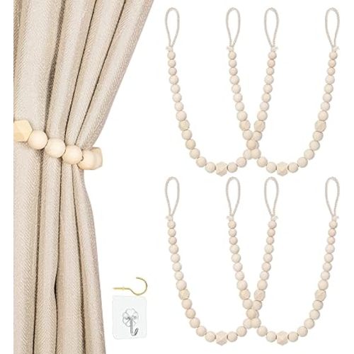 Wood Bead Curtain Tiebacks, KLOGTSIND Set of 4 Curtain Holdbacks for Thin or Thick Window Draperies, Boho Farmhouse Curtain Tiebacks with Hooks, Curtain Tie Backs for Home Office Room Decor