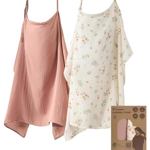 Muslin Nursing Cover for Breastfeeding, Privacy Cover with Rigid Hoop for Mom,Breathable 100% Cotton Muslin Nursing Apron Multi-use Stroller Cover (Dusty Rose & Ditsy Floral, 2 Pack)