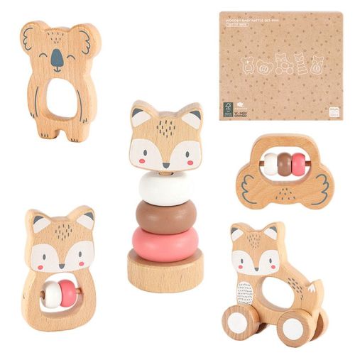 Freniland - Wooden Baby Rattle & Stacking Toy Set, Forest Friends 5 PCS Beechwood Infant Sensory Toys,Fox & Koala Grasping Combo in Pink for 10M+