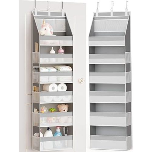 Criusia Over The Door Organizer, Heavy-Duty 6-Shelf Hanging Storage with 13 Mesh Pockets, 55lbs Capacity Behind The Door Storage for Nursery, Bathroom, Bedroom, and Dorm, Grey