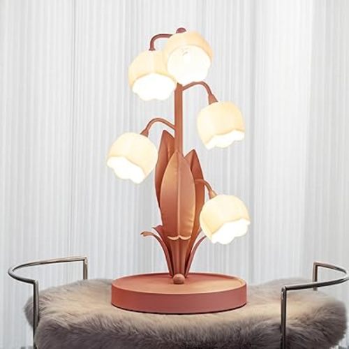 Flower Table Lamp, Vintage Lily of The Valley Desk Lamp for Bedside 3 Color Modes Cute Reading Night Light with LED Bulbs for Bedroom, Living Room, Office, Entrance Home Decor (Pink)