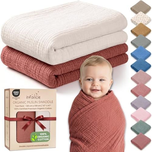 infancie 100% Organic Cotton 2 PK Muslin Baby Blanket Unisex 47x47 Inch