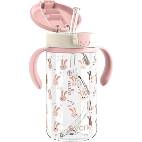 Evorie Tritan Spill Proof Toddler Straw Sippy Cup, 10 oz for Baby and Toddlers 1-3 Years Old, No Spill Straw Water Bottle with Removable Handles, Ideal for School, BPA-Free, Pink Rabbit