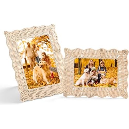 Graciadeco 5x7 & 4x6 Picture Frames Rattan Boho Wall Decor Photo Frame for Wall and Tabletop Display Handmade Wicker Natural Art 2 Pack