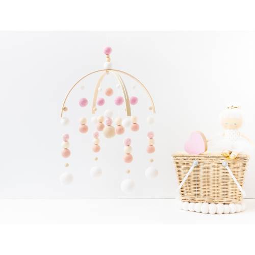 Pink and Blush Baby Mobile - Girl Felt Pom Pom Crib Mobile - Minimalist Wool Ball Nursery Cot Mobile - Wooden Arch Ceiling Mobile Decoration
