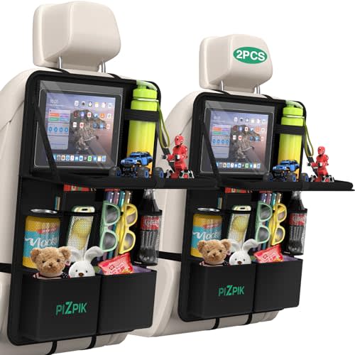 Car Backseat Organizer with Tablet Holder,11 Storage Pockets with Foldable Food Tray, Protector Kick Mats for Kids, Travel Accessories Organizer (Black, 2Pack with Food Tray)