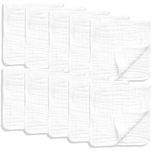 AllSett Health 10 Pack Muslin Burp Cloths Large 20" by 10" 100% Cotton, Hand Wash Cloth 6 Layers Extra Absorbent and Soft White