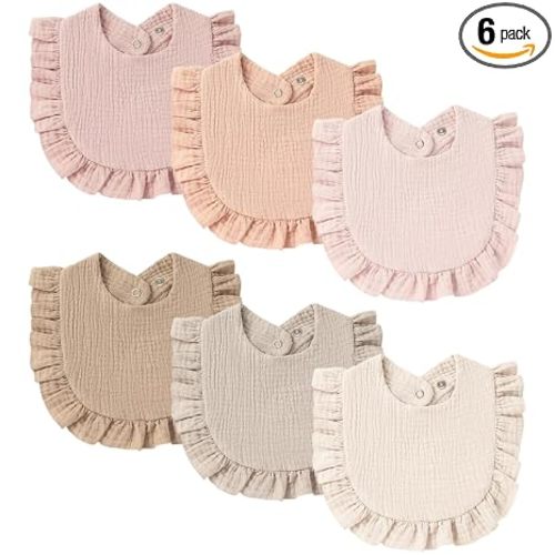 Muslin Baby Bibs, Ruffle Edge Drool Bibs, 6-Pack | 100% Muslin Cotton, Designed for Teething & Drooling Babies, Soft & Absorbent, for Boys & Girls, Newborn to Toddler (Pink)