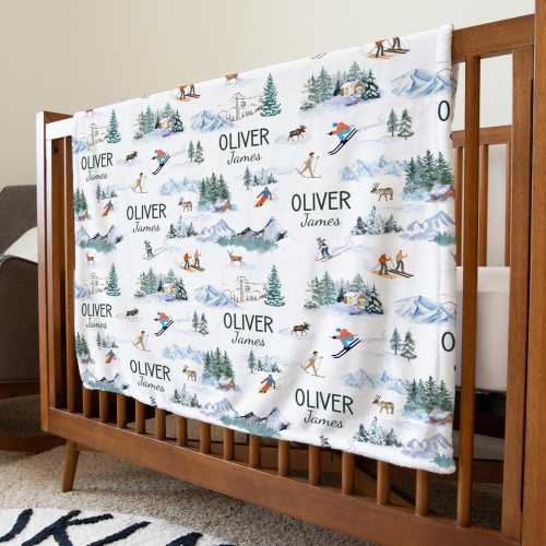 Personalized Winter Skiing Baby Blanket, Holiday Sherpa Swaddle, Christmas Minky Blanket, Snowy Mountain Nursery, First Christmas Gift