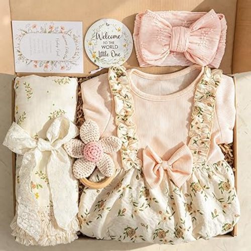 Baby Girl Gifts–Vintage Floral Baby Gifts for Girls,Newborn Baby Girl Gift Set with Cotton Romper & Headband,Fringed Swaddle Blanket,Crochet Flower Rattle–Baby Shower Gifts for Girls