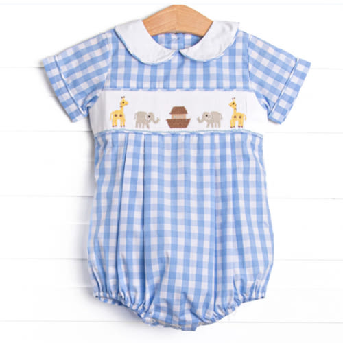 Noah's Ark Smocked Collared Bubble, Blue – Stitchy Fish