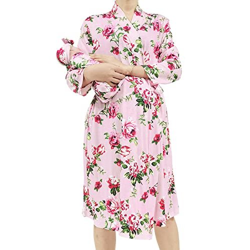 SUFEINI Maternity Robe and Matching Baby Swaddle Blanket Set, Mommy Robe with Receiving Blanket Girls Boys Sleepwear