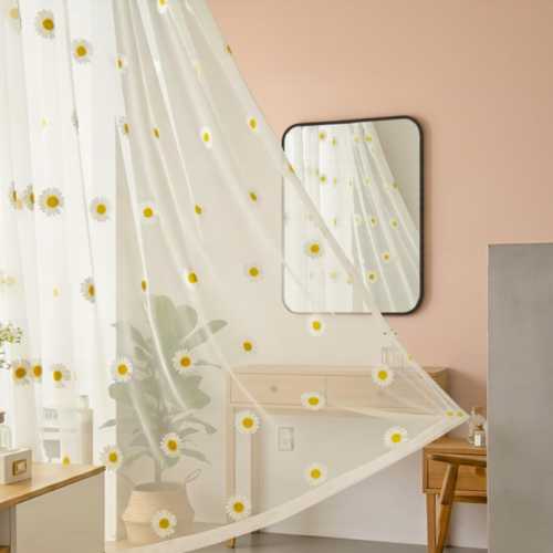 Yellow Daisy Sheer Curtains | Embroidered Floral Tulle Window Panels