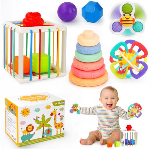 Baby Toys 6-12 Months,Montessori Toys for Babies 6-12 Months, Infant Teething Toys,Stacking Rings,Color Shape Sensory,Suction Cup Spinner Toys for 6-9-12 to 18 M+ Birthday Gifts