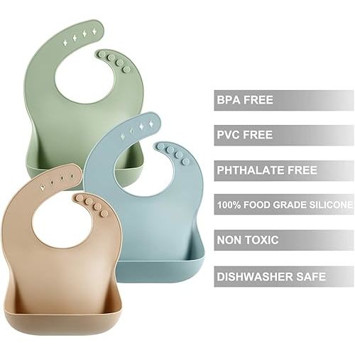 PandaEar Set of 3 Silicone Baby Bibs Waterproof, Soft, Unisex, 10-72 Months (Brown/Blue/Green)
