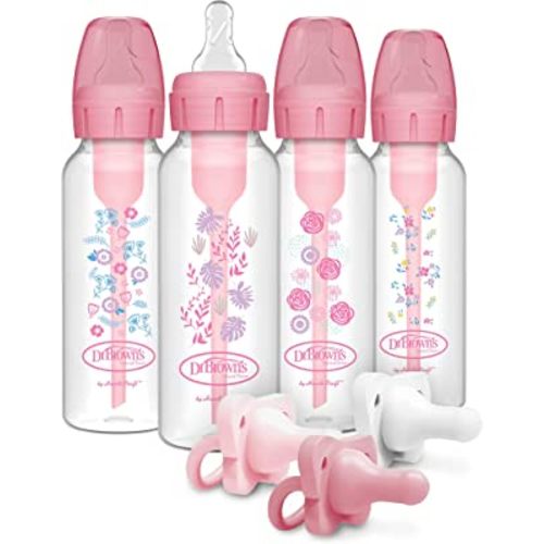 Dr. Brown’s Anti-Colic Options+ Baby Bottles, Narrow, Pink Floral Designs, 8oz, 4 Pack and HappyPaci 100% Silicone Pacifier 0-6m, BPA Free, White, Pink, Light Pink 3-Pack