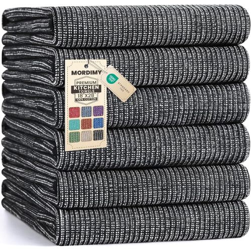 Mordimy Premium Kitchen Towels 6 Pack (18 x 28 Inches, Black), Large Cotton Kitchen Hand Towel, Flat & Terry Dish Towels for Drying Dishes, Super Absorbent Tea Dishtowels Set with Hanging Loop