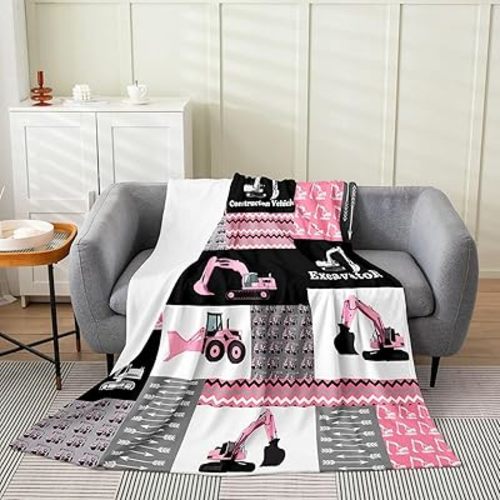 Feelyou Pink Excavator Flannel Fleece Throw Blanket,Construction Vehicles Bed Blanket Equipment Trucks Fuzzy Blanket for Bed Sofa Couch,Bedroom Decor Cartoon Car Plush Blanket Throw 50"x60"
