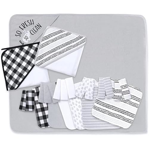 The Peanutshell Hooded Bath Towel and Wash Cloth Set for Baby Boys or Girls - 23 Piece Unisex Set - Black Plaid and Stripe