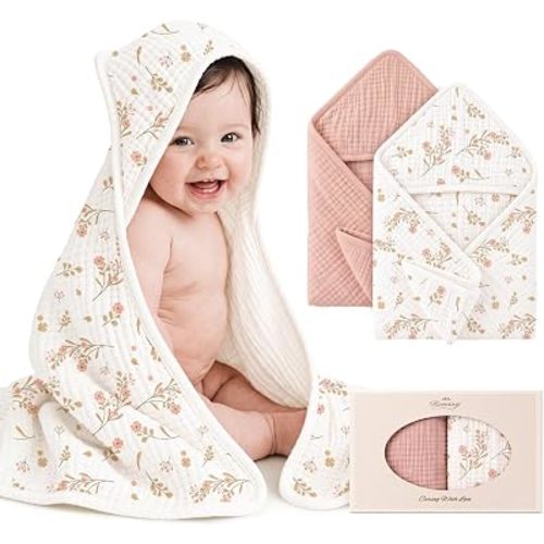 Konssy 2-Pack 100% Muslin Cotton Hooded Baby Bath Towels for Boys and Girls