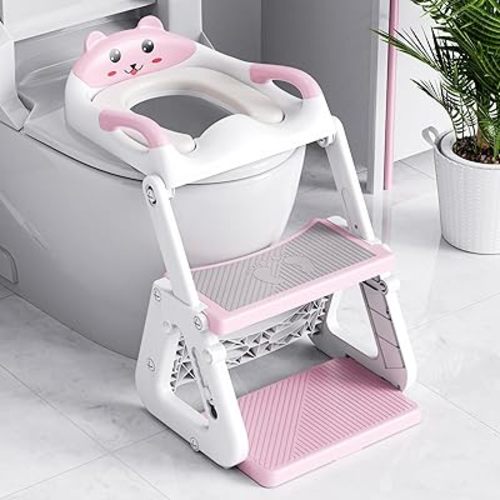 Orzbow Potty Training Seat, 2-IN-1 Toddler Potty Training Toilet with Step Stool, Stability Toilet Seat for Boys Girls with Splash Guard and Anti-Slip Pad, Adjustable Ladder & Potty Seat Height, Pink