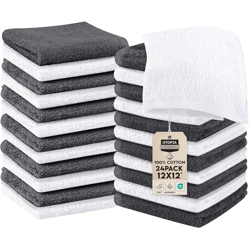Utopia Towels 24 Pack Cotton Washcloths Set, 100% Ring Spun Cotton, Premium Quality Flannel Face Cloths, Highly Absorbent and Soft Feel Fingertip Towels, Grey, White