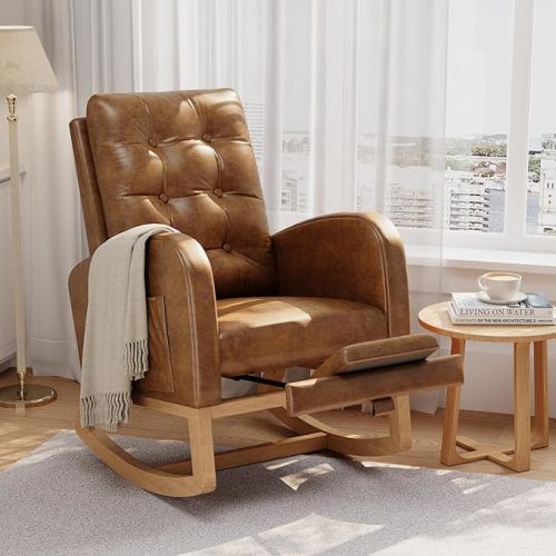 GarveeHome Nursery Rocking Chair with Adjustable Footrest, PU Leather Upholstery, Sturdy Wooden Legs & High Backrest, Comfortable Glider Rocking Chair for Living Room or Bedroom, Orange