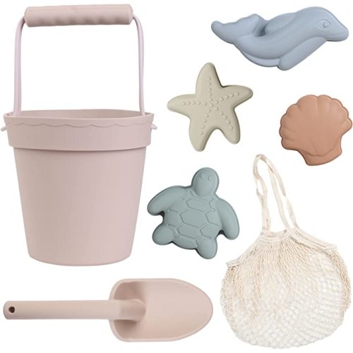 BLUE GINKGO Modern Baby Toys | Travel Friendly Beach Set | Silicone Bucket, Shovel, 4 Sand Molds, Bag | Sand Toys for Toddlers, Kids - 7pc (Pale Pink)