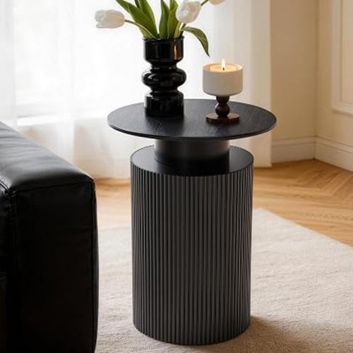 Fluted Side Table with Storage,24" Round Reversible Wood End Table