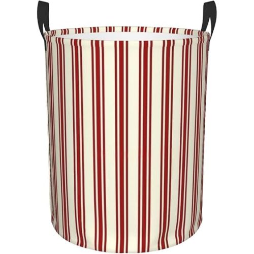 Dark Red & Cream Ticking Stripes Laundry Basket Waterproof Collapsible Round Laundry Hamper Toys Clothes Organizer Gift Basket For Room Small