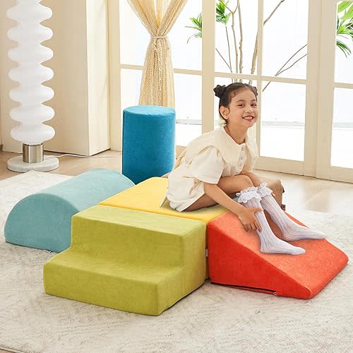 jela Kids Foam Climbing Blocks 6Pcs Soft Play Equipment Miss Fabric, Toddler Climbing Toys Indoor Soft Play Climbing Set, Lightweight Climbing Blocks for Toddlers, Crawling Foam Playset (Colorful)