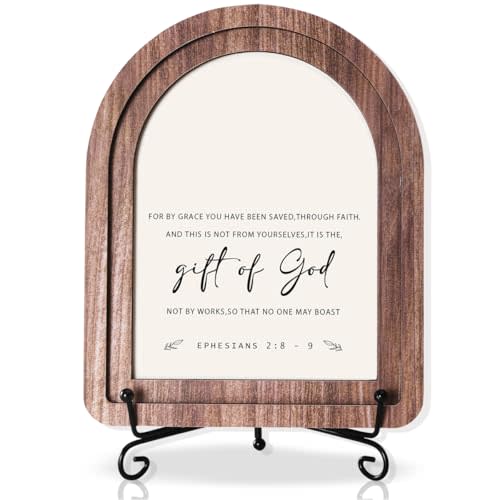 Inspirational Christian Office Desk Decor,for By Grace You Have Been Saved Bible Verse Wooden Plaque Signs With Stand for Bathroom Bedroom Table Shelf Decor
