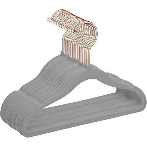 MIZGI Premium Kids Velvet Hangers (Pack of 50) 14" Wide with Copper Rose Gold Hooks,Space Saving,Nonslip Huggable Closet Hangers for Petite Junior Children's Skirt Dress Pants,Clothes Hangers