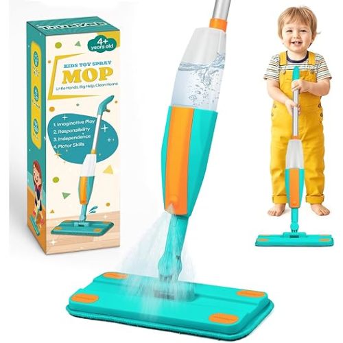Kids Spray Mop, Mini Mop with Real Sprayer and Washable Microfiber Pads, Toddler Pretend Play Cleaning Toy Gift for Girls Boys