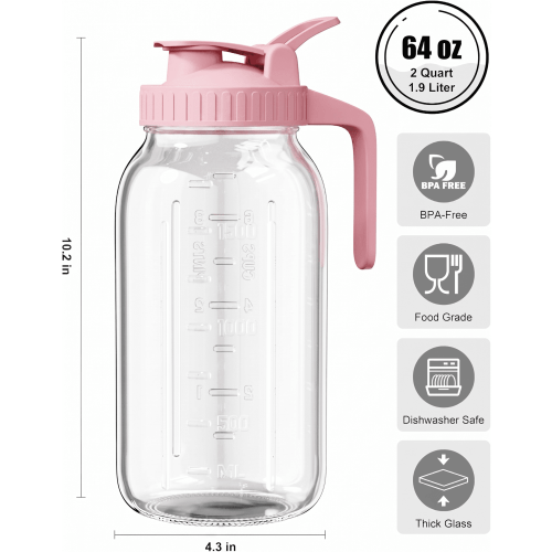 64oz Glass Pitcher with Lid, 2 Quart Mason Jar Pitchers, Ultra-thick Glass, Leak Proof, Wide Mouth Breast Milk Glass Jug, Cold Brew Coffee, Fridge Container for Water, Juice, Sun Tea - Pink