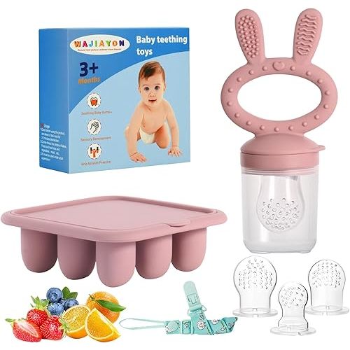WAJIAYON Baby Breastmilk Popsicle Molds & Baby Fruit Feeder (2 Pack), Baby Food Freezer Tray Storage Containers, Silicone Teething Pacifier Feeder and Teether for Babies,Baby Feeder-Pink