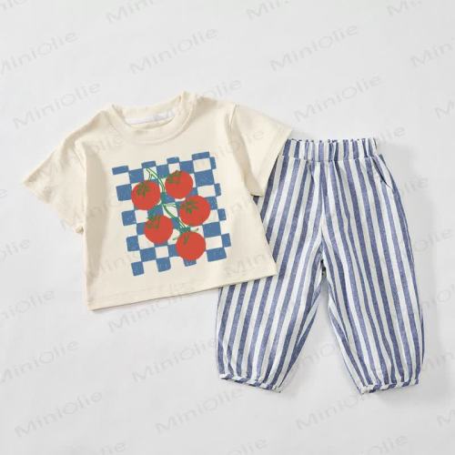 Baby Toddler Checkered Tomato Beige&Blue Vertical Striped 2-piece Set