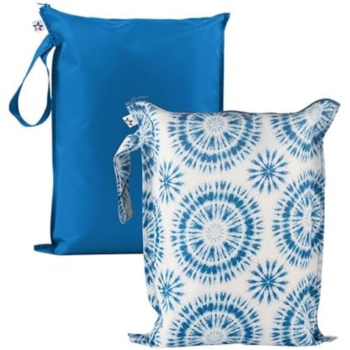 Tiny Twinkle Mess Proof Wet Bags | 2-Pack Reusable Waterproof Wet Bags for Swimsuits | Baby Clothes | Travel & Diaper Bag (Blue Tie Dye)