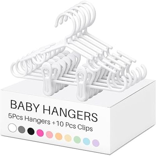 Hsei 5/10/40 Pack Baby Hangers with 10/20/80 Clips Plastic Kids Pants Hanger for Newborn Nursery/Daycare/Preschool Closet/Wardrobe Organizer Baby Shower Party(15 Packs Total,White,10.6 Inch)