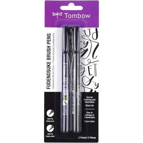 Tombow 62038 Fudenosuke Brush Pen, 2-Pack. Soft and Hard Tip Fudenosuke Brush Pens for Calligraphy and Art Drawings