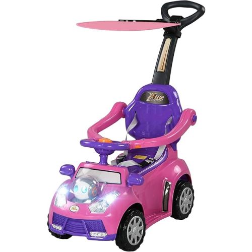 Qaba Push Car for Kids 1-3 Years, 3 in 1 Ride on Sliding Car, Foot to Floor Baby Push Car with Removable Handle, Music, Horn, Canopy, Safety Guardrail for Boys and Girls, Pink