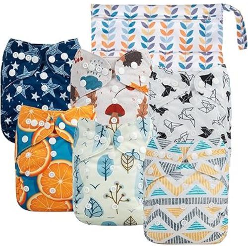 babygoal Cloth Diaper Covers 6 Pack with Wet Bag for Fitted Diapers and Prefolds with Double Gussets, Adjustable and Reusable for Baby Boys