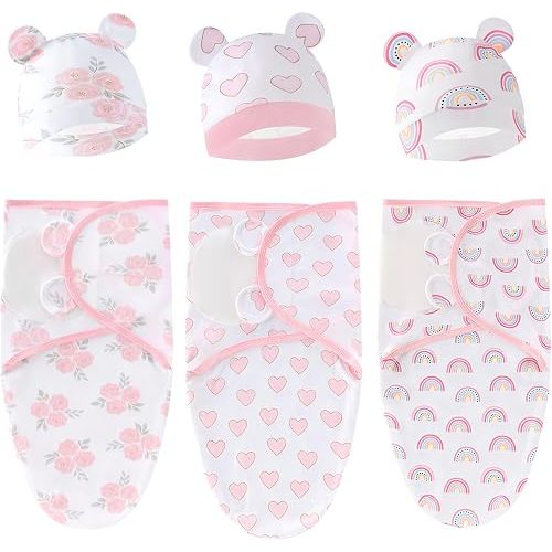 Exemaba 3-Pack Baby Swaddles for Newborns with Hat for Girls(Flower Set)