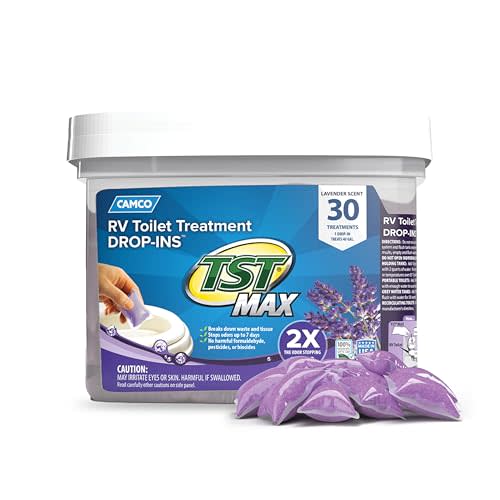 Camco TST MAX RV Toilet Treatment Drop-INs - Lavender 30-pk Made in the USA | Control Unwanted Odors and Break Down Waste and Tissue - Septic Tank Safe - Lavender Scent - 30-pack (41553)
