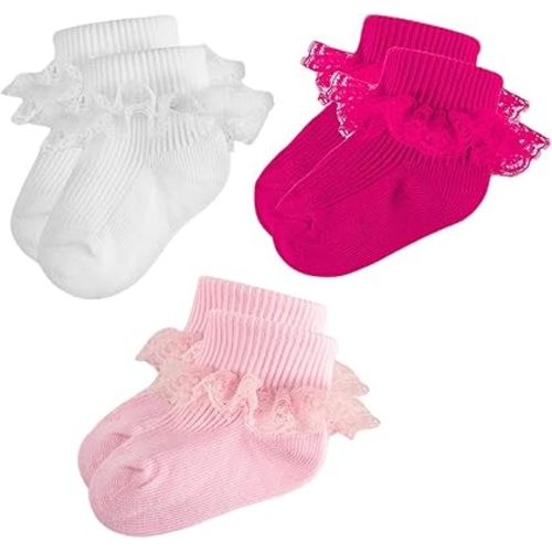 Baby Girl Ruffle Socks Eyelet Double Lace Turn Cuff Ankle Frilly Dress Socks for Newborn/Infant/Toddler/Little Kids
